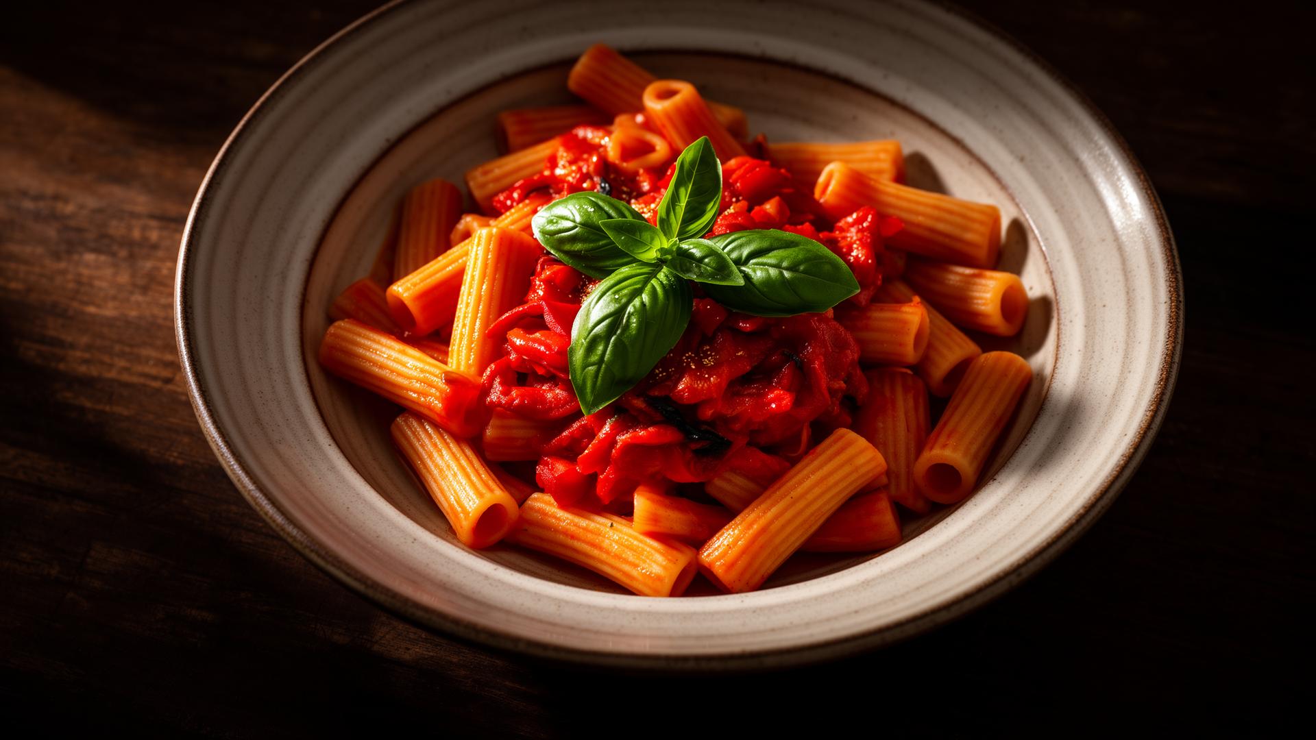 A bowl of plant-based rigatoni in vibrant red sauce